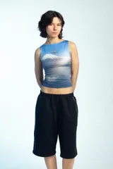 Musculosa de corte ajustado, con diseño estampado que representa un paisaje montañoso y acuático en tonos celestes y azules, y escote bote.