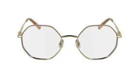 Lentes de receta Longchamp con armazón metálico dorado y forma geométrica octogonal. Presentan un diseño elegante y minimalista con puente nasal fino y patillas delgadas.