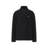 Campera polar Hurley modelo Terra, color negro, de cuello alto con cierre frontal completo y bolsillos laterales. Cuenta con detalle de parche hexagonal de cuerina en el pecho y tirador de cierre celeste.