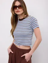 Remera crop de tejido estriado con diseño de rayas horizontales en celeste, marrón y blanco, de manga corta y cuello redondo en color marrón.