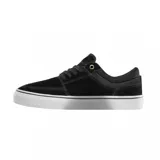 Championes de skate Emerica modelo The Hoban, color negro con detalles en verde y suela blanca. Presentan un diseño de perfil bajo con costuras reforzadas en la puntera y ojal superior metálico dorado.