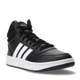 Championes de corte medio Adidas Hoops 3.0, color negro con las icónicas tres tiras laterales en blanco. Presentan una suela de goma blanca, cierre con cordones negros y cuello acolchado para mayor soporte.