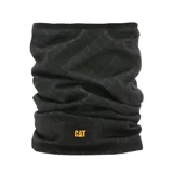 Cuello multifuncional de tela técnica color negro con estampado sutil de patrón geométrico y logo de la marca Caterpillar en amarillo.