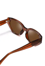 Lentes de sol con montura azul traslúcido y lentes grises.