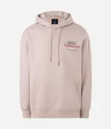 Buzo canguro con capucha color beige, confeccionado en mezcla de algodón y poliéster con interior de felpa suave. Presenta cordones de ajuste en la capucha, bolsillo estilo canguro en la parte delantera y estampa localizada en el pecho con temática de automovilismo.