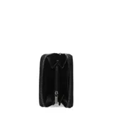 Monedero negro de charol con cierre de cremallera y ranuras para tarjetas.