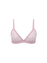 Bralette triangular sin aros y sin forro, confeccionado en encaje suave y elástico con patrón de rayas y bordes scalloped. Cuenta con tirantes ajustables y cierre posterior.