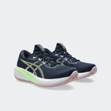 Championes de running Asics modelo Gel Cumulus 28, color violeta con detalles en blanco. Presentan tecnología de amortiguación FF BLAST MAX y suela FLUIDRIDE para mayor reactividad y suavidad en la pisada.