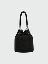 Cartera tipo bucket mini, color negro con apliques de strass, asa corta superior y correa larga desmontable. Incluye cierre con cordón ajustable y logo "J Marc" metálico en el frente.