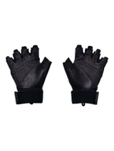 Guantes de entrenamiento sin dedos con palma de cuero para mayor agarre y protección. Presentan dorso con tejido transpirable, panel de felpa en el pulgar para absorber el sudor y muñequera elástica ajustable con correa para mayor soporte.