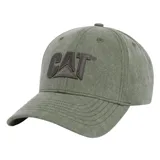 Gorra de béisbol color verde oliva con efecto desgastado, visera curva y logotipo de Caterpillar bordado en relieve en la parte frontal.