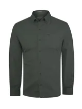Camisa de manga larga de algodón orgánico color verde oscuro, con cuello abotonado, bolsillo en el pecho con logo bordado, cierre frontal de botones y ruedo redondeado.