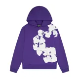 Hoodie violeta con estampado de flores blancas en el frente, capucha con cordón ajustable y bolsillo tipo canguro.