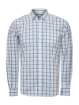 Camisa de manga larga RKF modelo Lighter, confeccionada en popelina de algodón orgánico. Presenta un diseño de cuadros en tonos azul y blanco, cuello clásico, cierre frontal con botones y un bolsillo en el pecho con logo bordado.