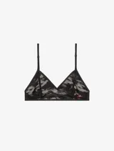 Sujetador tipo bralette de encaje negro con patrón de cebra o animal print sutil, de corte triangular y tirantes finos ajustables.