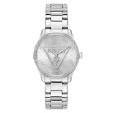 Reloj analógico Guess modelo Roxy con caja de 36 mm y malla de acero inoxidable en tono plateado. La esfera presenta el logo de la marca con un diseño triangular central y el bisel está decorado con cristales brillantes.