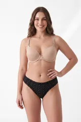 Soutien armado de microfibra color nude, con tirantes regulables y pequeño lazo decorativo en el centro.