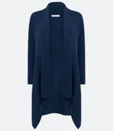 Cardigan largo de punto texturizado color ladrillo, con abertura frontal y terminación en puntas.