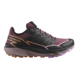 Championes de trekking y trail running Salomon Thundercross, color negro con detalles en bordó y suela marrón.
