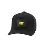 Gorro negro con paneles frontales de sarga de algodón y paneles traseros de malla de poliéster. Presenta logo de Caterpillar bordado en amarillo en el frente y cierre snapback ajustable.