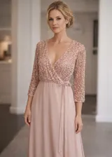 Vestido largo de fiesta con cuerpo cruzado estilo wrap, confeccionado con lentejuelas en la parte superior y mangas tres cuartos. Presenta una falda fluida de tela lisa con lazo ajustable en la cintura.