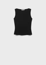 Top negro de tejido de punto con cuello barco, sin mangas y detalle de costura en la parte delantera. Diseño entallado.