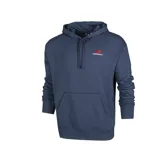 Canguro azul marino con capucha y cordón ajustable, bolsillo tipo canguro y logo de New Balance bordado en rojo en el pecho.