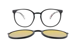 Anteojos de acetato negros, de forma redondeada, con clip-on polarizado color amarillo.