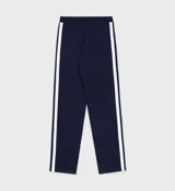 Pantalón deportivo azul marino de corte recto con raya lateral blanca, cintura elástica y logo de los Yankees bordado.