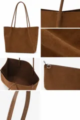 Cartera tipo shopper de gamuza color marrón, con diseño minimalista, formato amplio y asas largas para llevar al hombro.