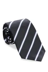 Corbata negra con rayas diagonales blancas y celestes.