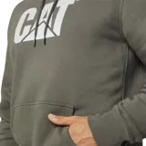 Canguro negro con capucha y bolsillo tipo canguro. Estampado frontal con el logo de Caterpillar en negro.