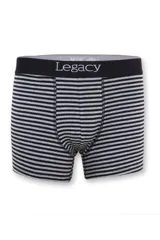 Boxer Legacy de algodón con rayas horizontales grises y negras, cintura elástica negra con logo de la marca.