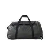 Bolso de viaje Rip Curl Jupiter 80L Icons, color negro con logo blanco. Tiene manija telescópica, ruedas y correas de ajuste.