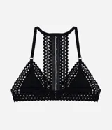 Soutien tipo bralette de tul negro con diseño triangular, sin aros ni relleno, con detalles decorativos en zigzag en los bordes y breteles ajustables.