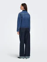Campera de denim de manga larga, con cuello clásico, cierre frontal con botones y dos bolsillos delanteros con solapa.