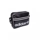Bandolera Adidas modelo Airliner OG, color negro con detalles en blanco. Presenta un diseño retro con el logo clásico de la marca estampado en el frente, cierre principal y bolsillo frontal con cremallera.