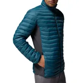Campera técnica híbrida de Columbia, diseñada para actividades al aire libre. Presenta un cuerpo acolchado con aislamiento térmico en color azul petróleo y paneles laterales de tejido elástico en color gris oscuro para mayor movilidad. Cuenta con cierre frontal completo, cuello alto y bolsillos laterales con cierre.