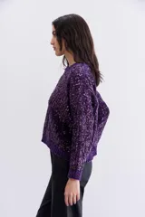 Sweater tejido en chenille color violeta con lentejuelas aplicadas en toda la prenda y terminaciones en punto rib.