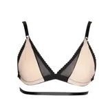 Sostén triangular sin aro ni relleno, combinado en color nude y negro, con detalles de malla transparente y tiras elásticas decorativas en la base.