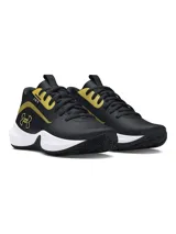 Championes de básquetbol Under Armour Lockdown 7, color negro con detalles en dorado y entresuela blanca. Presentan parte superior de malla transpirable con superposiciones de cuero, entresuela de EVA para mayor reactividad y suela de caucho con patrón de espiga para un control óptimo en la cancha.
