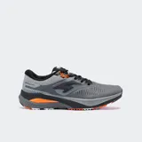 Championes de running para hombre, modelo Hispalis 2312, color gris con detalles en negro y naranja. Presentan un corte de malla transpirable con refuerzos sintéticos y tecnología FULL DUAL PULSOR en la mediasuela con amortiguación de gel en el talón.