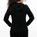 Canguro negro de Lotto para mujer, con cierre frontal, capucha con cordones ajustables, bolsillos tipo canguro y logo estampado en el pecho.