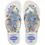 Ojotas Havaianas Top Tropicalia Vibes II, color blanco con estampado floral en tonos azules y naranjas. Las tiras son blancas con el logo de Havaianas en dorado.