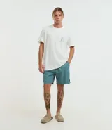 Bermuda masculina color verde con cintura elastizada ajustable con lazo, bolsillos laterales y traseros, y etiqueta de goma en el ruedo. Confeccionada en poliéster.