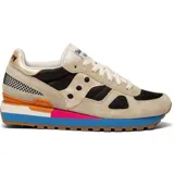 Championes Saucony Shadow Original, color beige con detalles en negro, naranja, fucsia y celeste.
