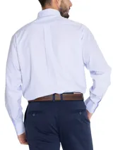 Camisa de manga larga RKF con diseño a cuadros en tonos celeste y blanco. Presenta cuello abotonado, bolsillo en el pecho con logo bordado y tecnología wrinkle-free.
