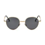 Lentes de sol unisex con montura redonda dorada y lentes grises.