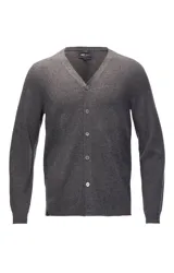 Cardigan de cashmere color gris oscuro, de corte regular, con escote en V, cierre frontal con botones y mangas largas.