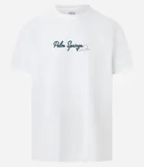 Remera blanca de algodón con cuello redondo y mangas cortas. Estampa frontal y trasera con la frase "Palm Springs" en color verde.